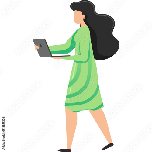 Woman working on laptop vector icon isolated on white