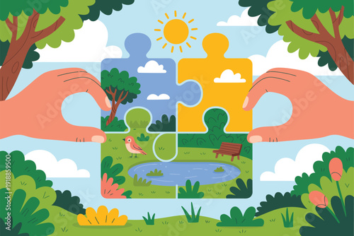 Hands connect puzzle pieces depicting a park scene with nature and a pond.