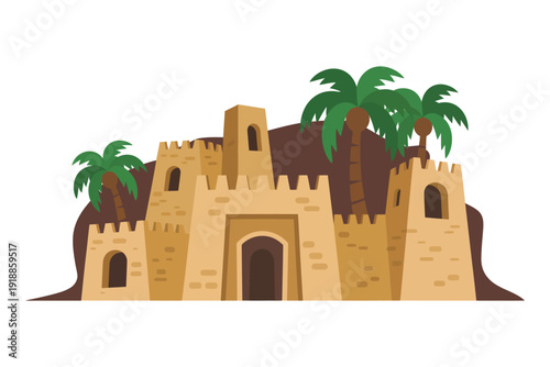 A cartoon illustration of a desert castle with palm trees.