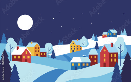 A picturesque winter village illuminated at night, showcasing charming houses under deep snow, creating a cozy atmosphere perfect for holiday memories and serene evenings.