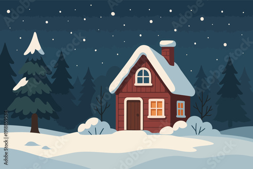 A charming cabin nestled in a snowy landscape, surrounded by tall trees and a serene night sky, creating an idyllic setting for winter relaxation and contemplation.