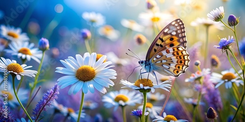 Beautiful wild flowers chamomile, purple wild peas, butterfly in morning haze in nature close-up macro. Landscape wide format, copy space, cool blue t