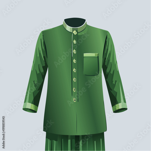 Traditional green kurta with intricate design and matching trousers.