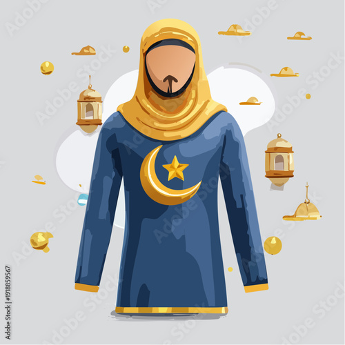 Muslim man illustration with crescent moon and star symbol.