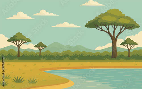 A serene landscape featuring lush trees and a tranquil body of water, ideal for conveying peace, nature's beauty, and the calming essence of outdoor scenery.