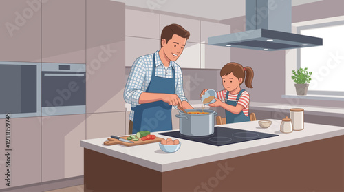 A heartwarming scene of a father and daughter cooking together in a modern kitchen, symbolizing family bonding and joy, perfect for conveying unity and love.