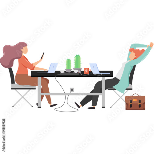 Two woman freelancer employee at coworking open space vector icon isolated on white