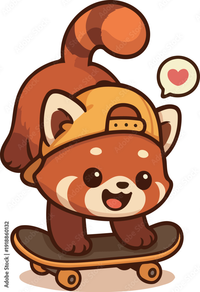 Fototapeta premium This vibrant illustration showcases a playful red panda on a skateboard, wearing a cap and expressing joy. A fun depiction of activity, perfect for kids and playful themes.
