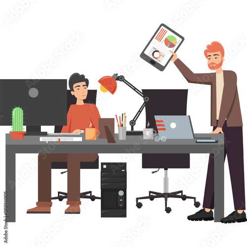 Busy coworkers discussing project results or business plan in office vector icon isolated on white