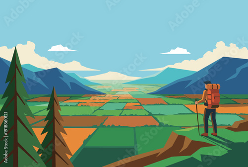 A solo hiker standing on a cliff, gazing at a panoramic landscape filled with lush forests and fields, symbolizing adventure, appreciation for nature, and solitude in exploration.
