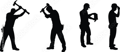 Silhouettes of construction workers with pickaxes and shovel on white background