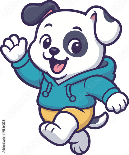 A cute cartoon puppy wearing a hoodie, exuding happiness and playfulness, perfect for children's merchandise or branding in pet-related industries.