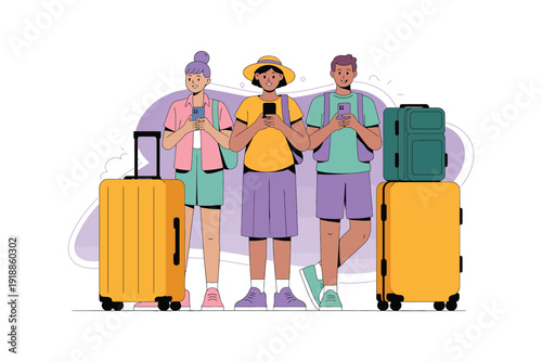 Three people stand with luggage and look at their phones.