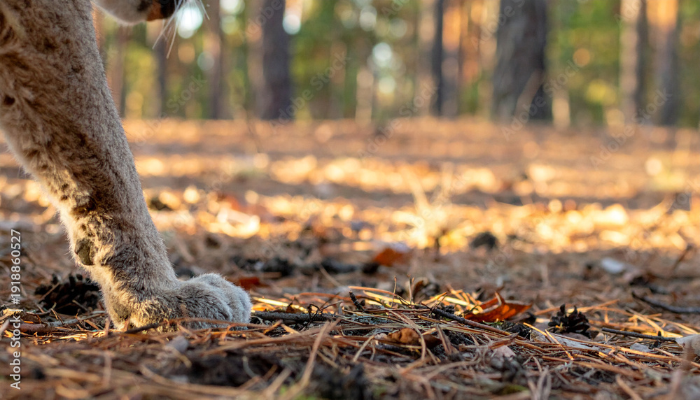 Obraz premium A close-up photo of a wild cat's leg and paw walking on forest floor covered with pine needles and leaves.