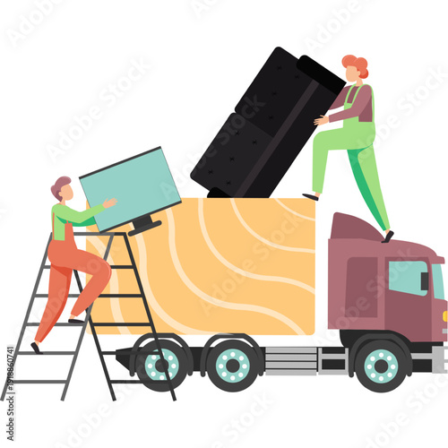 Relocation concept with worker loading belonging into delivery truck vector icon isolated on white