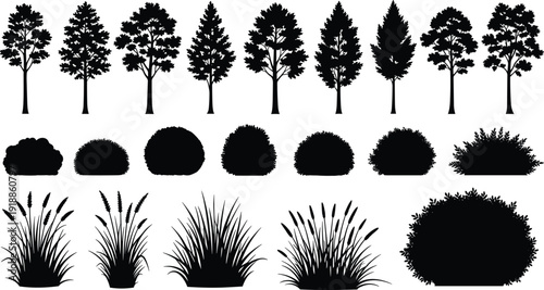 Tree, bush and reed silhouette collection, forest landscape elements, garden botanical set, black nature shapes, flat vector illustration