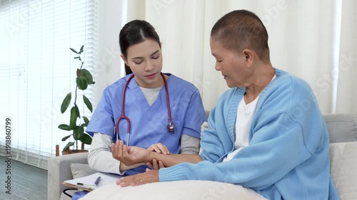 Female, nurse and tablet with senior patient for living assistance or healthcare in retirement home. Female, caregiver and listening to client with technology for elderly care in old age house.