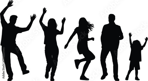 Black silhouettes of people jumping with arms raised white background