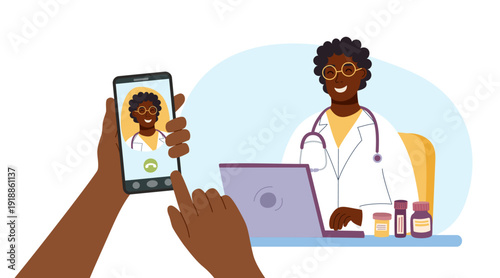 Online video consultation with a doctor. Concept of online medicine, healthcare, clinic, video call and remote treatment. Patient’s hands holding phone and doctor with laptop. Vector background.