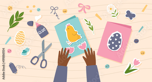 Making an Easter greeting cards4. Easter banner. Concept of eco-friendly Easter, sustainability, hobby. Vector hand drawn background with children's hands making greeting cards.