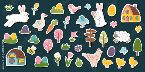 Set of Easter objects isolated on dark background4. Easter cliparts. Easter concept. Vector hand drawn elements.