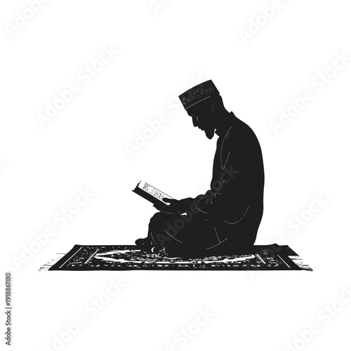 Devout contemplation: A silhouette of a man deeply engrossed in a sacred text, his posture and demeanor revealing deep reverence, faith, and the pursuit of spiritual enlightenment.