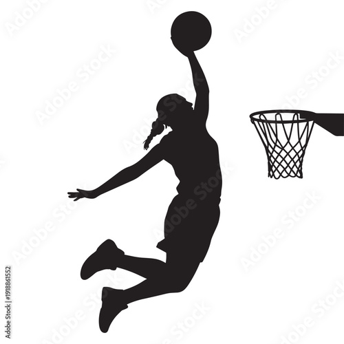 Dynamic silhouette of basketball player dunking a ball through hoop isolated on transparent background