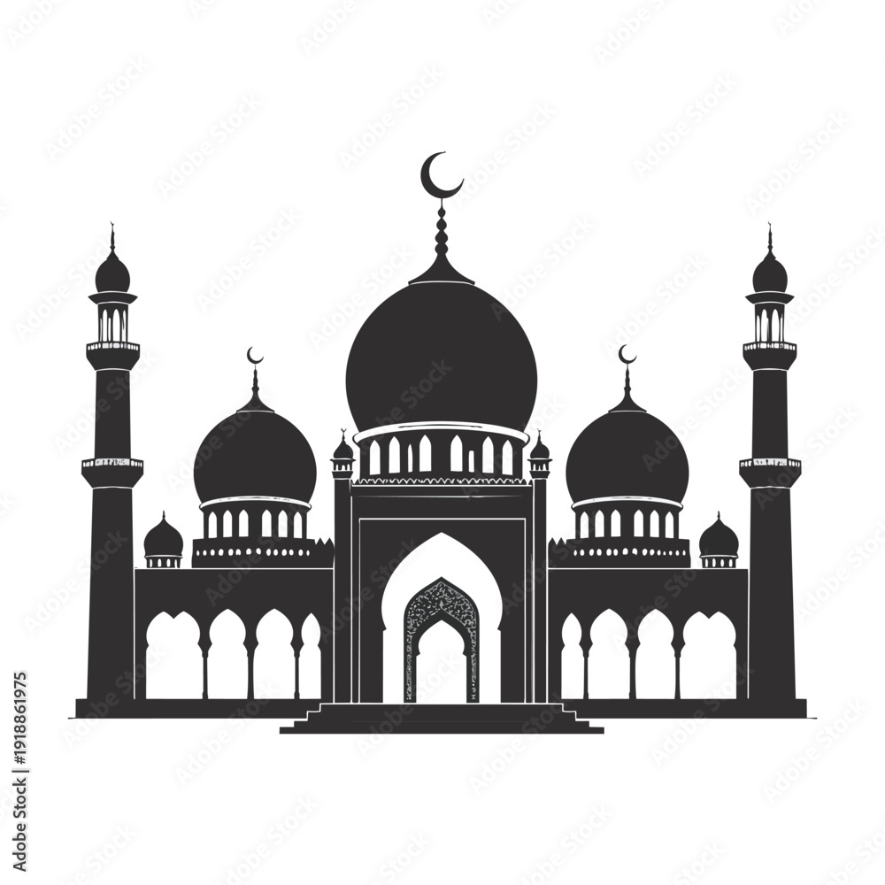 Obraz premium Islamic Mosque Silhouette: A symmetrical silhouette of a majestic mosque with elegant domes, minarets, and a crescent moon, embodying the essence of Islamic architecture and culture.