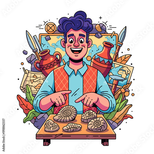 Happy Archaeologist Displaying Ancient Fossils and Historical Artifacts