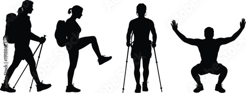Four black silhouettes of people hiking and stretching with trekking poles