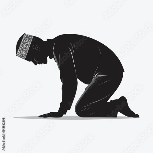 Moment of Devotion: A silhouette depicts a figure in a posture of prayer, embodying humility and reverence. A scene of spiritual reflection and solemn devotion.