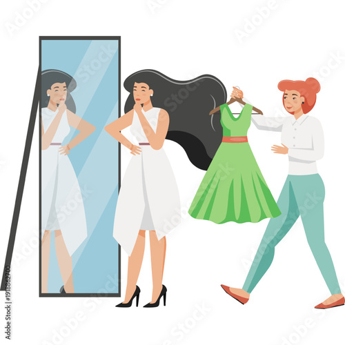 Woman customer choosing dress in shop with help of assistant vector icon isolated on white
