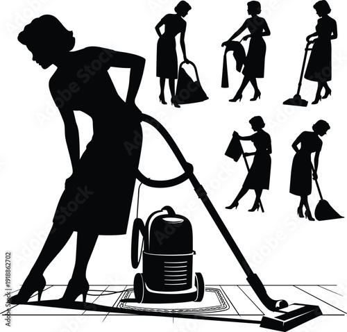 Black silhouettes of women cleaning with vacuum cleaners and brooms