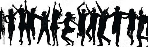 Black silhouettes of people dancing with raised arms party hats celebration