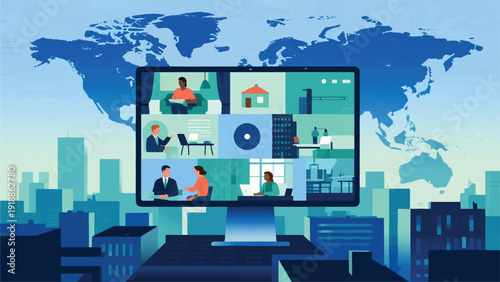 Illustration Of A Screen Showing A Video Conference With Several People From Different Locations, With A Background Of A Map And Buildings In The Middle Of The City Vector Design Template