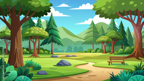 Cartoon vector illustration of a large forest park with tall trees wide green grass open space and clean minimal flat nature landscape