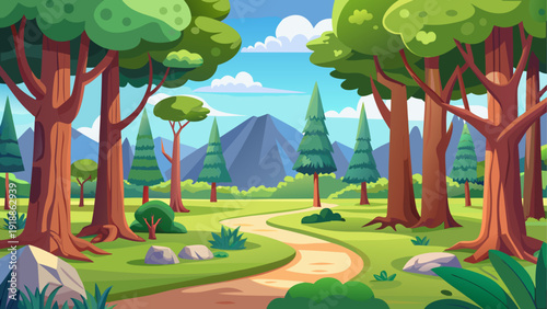 Cartoon vector illustration of a wide forest park clearing surrounded by tall trees in simple flat landscape style