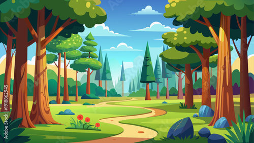 Cartoon vector illustration of a wide forest park clearing surrounded by tall trees in simple flat landscape style