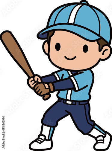 A cheerful kid character holding a baseball bat is ready for gameplay, representing youthful energy and enthusiasm, perfect for sports-themed designs or children's illustrations.
