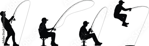 Four silhouettes of men fishing with rods on white background fishing rods