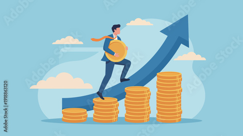 This dynamic illustration showcases a professional climbing stacks of coins towards an increasing graph, symbolizing financial growth and success in business endeavors.