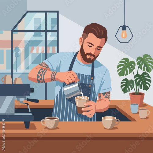 A skilled barista is seen pouring latte art into a coffee cup, showcasing the intricacies of coffee preparation in a modern café setting with a vibrant atmosphere.