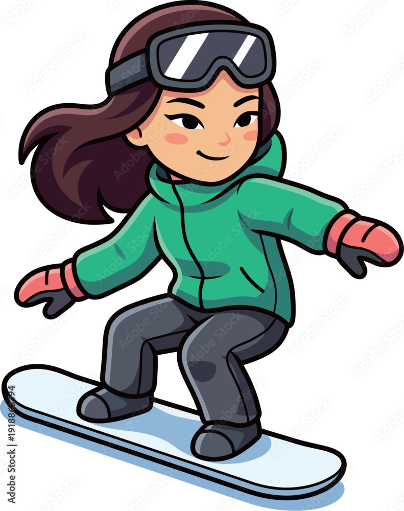 Obraz premium A cheerful girl enjoying snowboarding down the slopes. Her vibrant green jacket and stylish goggles enhance her excitement as she glides effortlessly across the snow.