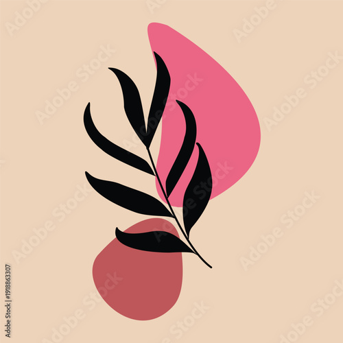 Hand drawn nature vector illustration of a pink blob shape element featuring a floral leaf pattern and seasonal plant silhouette art for decorative beauty