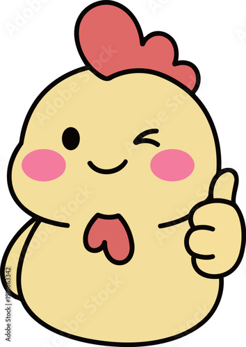 This charming yellow chicken character is winking and giving a thumbs up, embodying positivity and joy. Ideal for children's illustrations or fun graphics that promote happiness.