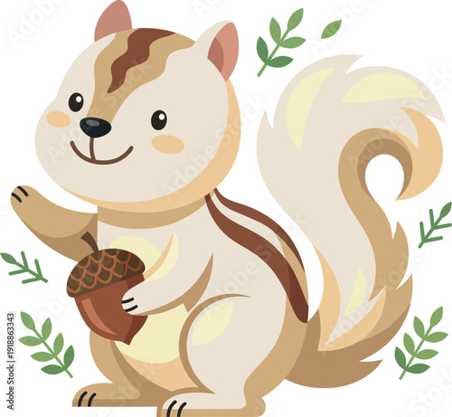 A delightful chipmunk holding an acorn, surrounded by leaves, captures the essence of nature's charm and playfulness, making it perfect for children's themes or products.
