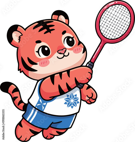This playful tiger character is swinging a racquet, showcasing sportsmanship and fun in a vibrant, cartoonish style. Ideal for kids' sports-themed illustrations or promotional materials.