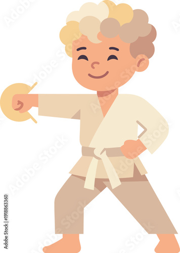 A joyful young martial artist dressed in a light gi performs an energetic karate move, radiating excitement and determination while showcasing martial arts skills.