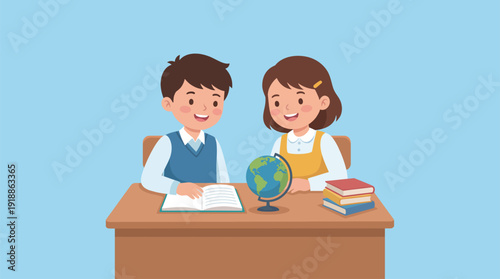 This warm, inviting illustration shows two cheerful children collaborating at a desk with books and a globe, emphasizing friendship, learning, and teamwork in a vibrant, friendly setting.