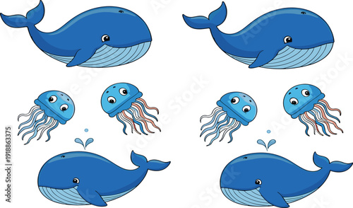 Cute whale and jellyfish cartoon collection with funny marine animals ocean vector illustration isolated design set